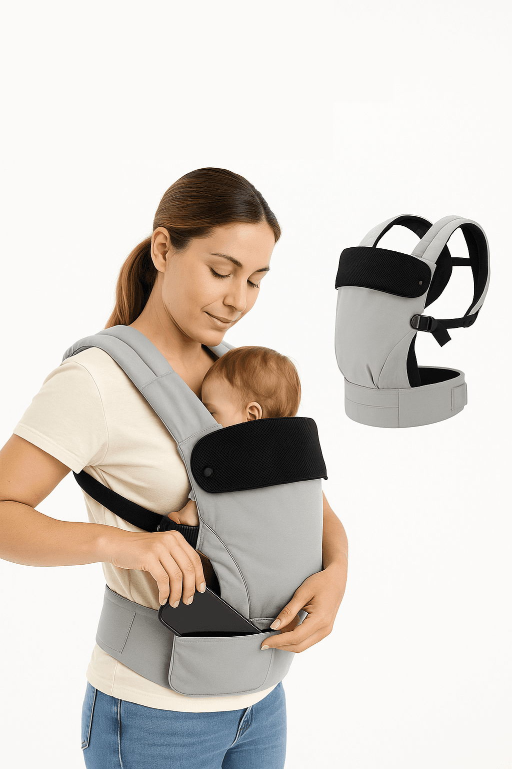 Happy parent using a baby carrier on a walk