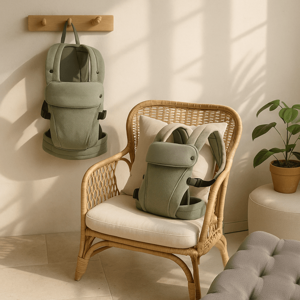 Parent demonstrating correct baby carrier fit